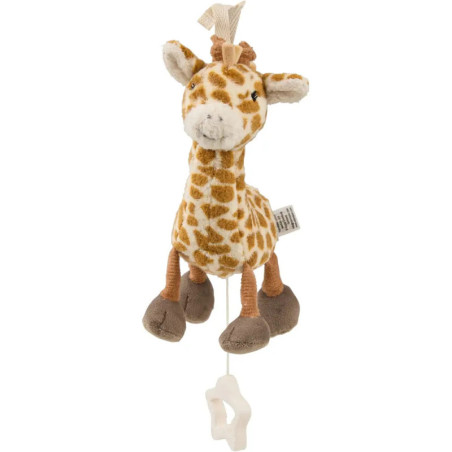 Plüsch-Giraffe mit braunen Flecken und Zugband am Boden zum Abspielen von Musik.