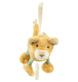 Plüschlöwe mit Aufhängeschlaufe, hellbraunem Fell, cremefarbenem Gesicht und grünen Beinakzenten.