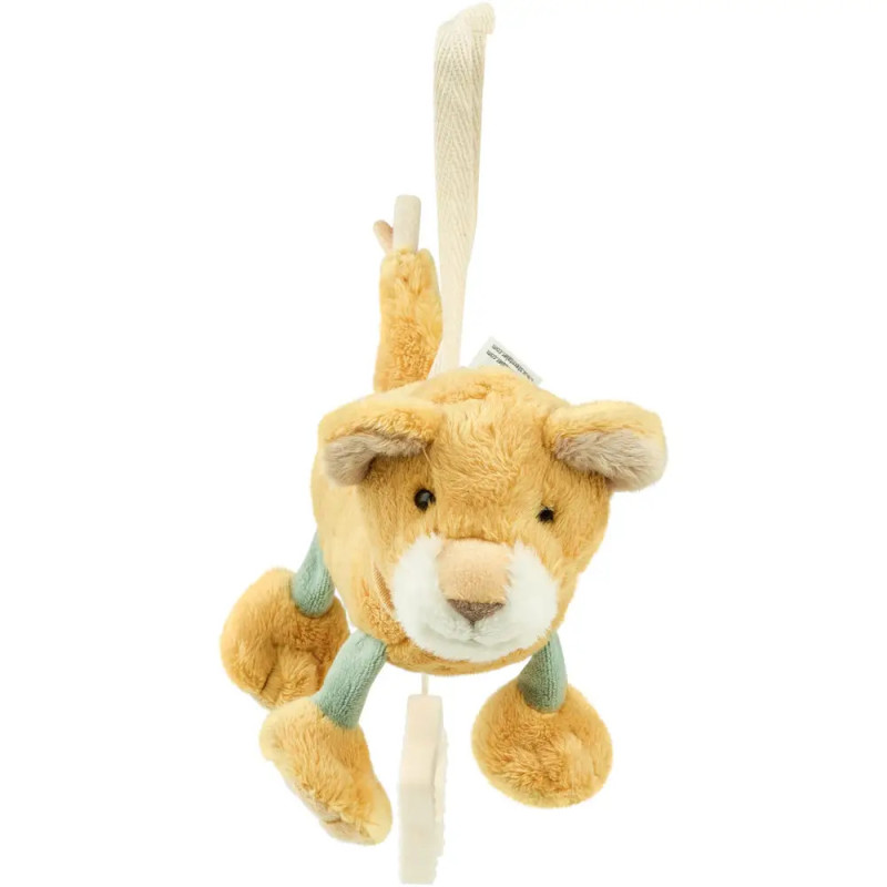 Plüschlöwe mit Aufhängeschlaufe, hellbraunem Fell, cremefarbenem Gesicht und grünen Beinakzenten.