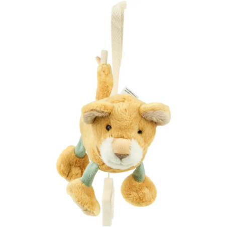Plüschlöwe mit Aufhängeschlaufe, hellbraunem Fell, cremefarbenem Gesicht und grünen Beinakzenten.