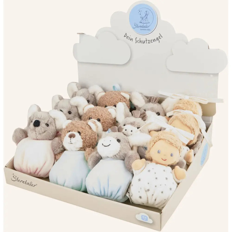 Eine Box mit Plüschtier- und Engels-Puppen in sanften Pastellfarben und bestickten Gesichtern. Eine Box mit Plüschtier- und Engels-Puppen in sanften Pastellfarben und bestickten Gesichtern.