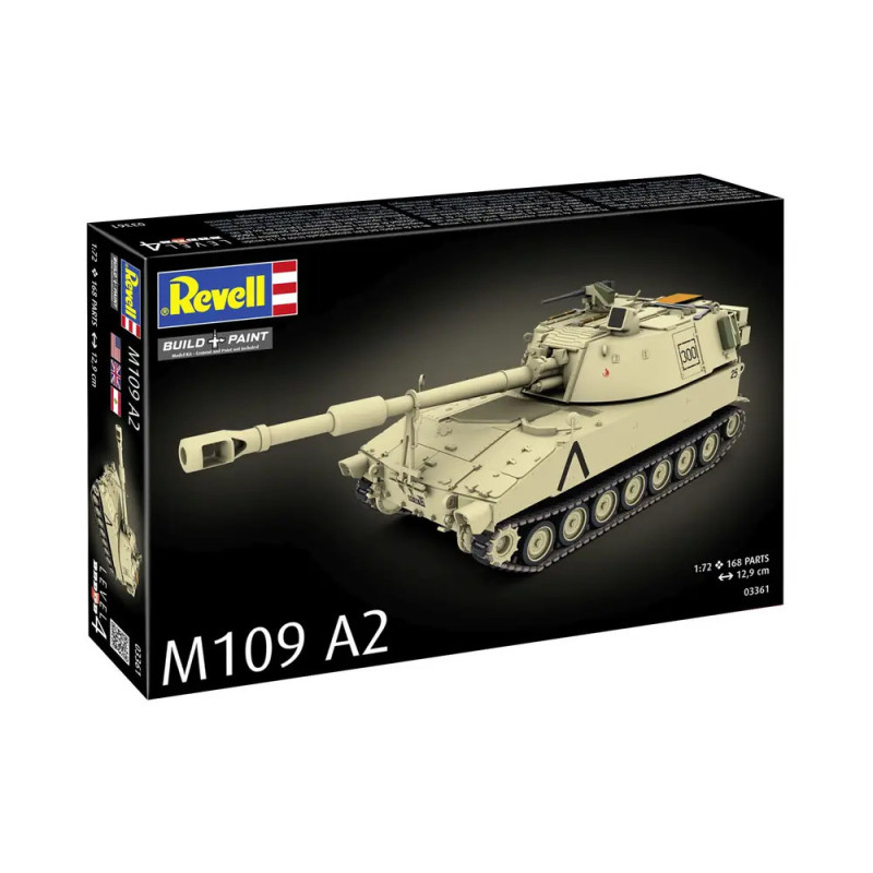 Revell M109 A2 Bausatz mit Bild einer beigen Panzerhaubitze auf dem Karton. Revell M109 A2 Bausatz mit Bild einer beigen Panzerhaubitze auf dem Karton.