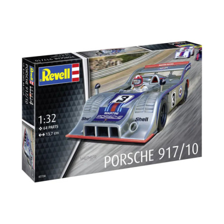Revell Bausatz Porsche 917/10, Maßstab 1:32, mit Abbildung des Wagens auf der Rennstrecke.