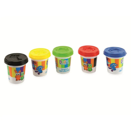 Fünf Dosen Knete mit unterschiedlich farbigen Deckeln und Tiermotiven.