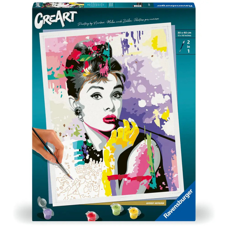 Malset mit farbenfrohem Pop-Art-Porträt einer Frau, teils bemalt, teils zum Ausmalen. Malset mit farbenfrohem Pop-Art-Porträt einer Frau, teils bemalt, teils zum Ausmalen.