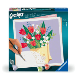 Eine Hand malt mit einem CreArt-Malkasten ein buntes Tulpen- und Blumenbouquet auf eine nummerierte Leinwand.