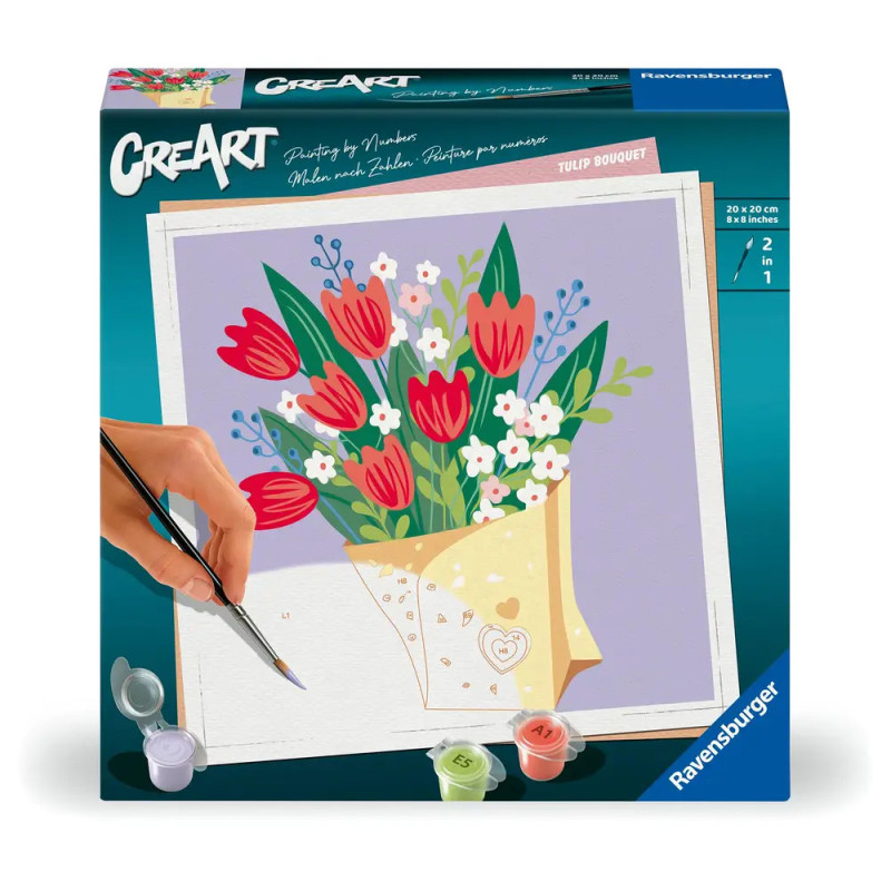 Eine Hand malt mit einem CreArt-Malkasten ein buntes Tulpen- und Blumenbouquet auf eine nummerierte Leinwand. Eine Hand malt mit einem CreArt-Malkasten ein buntes Tulpen- und Blumenbouquet auf eine nummerierte Leinwand.