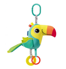 Plüsch-Tukan mit bunten Flügeln, Schnabel und Ringen, hängt an einem Clip.