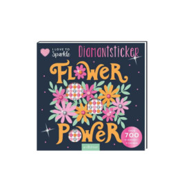 Buchcover mit bunten Blumen, Schriftzug Flower Power und pinkem Button über 700 Diamantsticker.