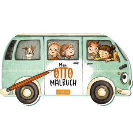 Familie und Hund lächeln in grünem Van mit der Aufschrift Mein Otto Malbuch.