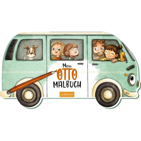 Familie und Hund lächeln in grünem Van mit der Aufschrift Mein Otto Malbuch.