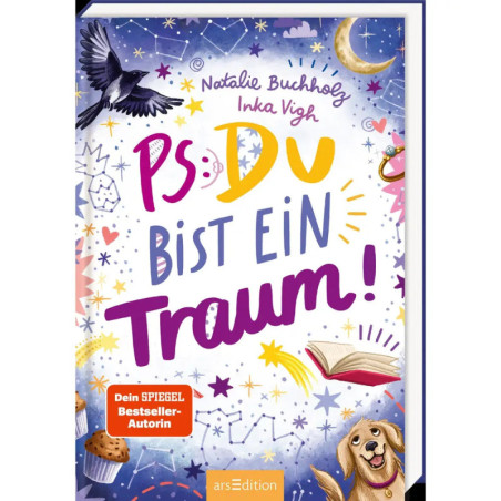 Buntes deutsches Buchcover mit Sternen, Hund, offenem Buch und dem Titel: PS: Du bist ein Traum!.