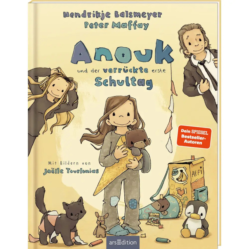 Buchcover: Anouk und der verrückte erste Schultag mit gezeichneten Figuren und Tieren in einer Spielsituation.
