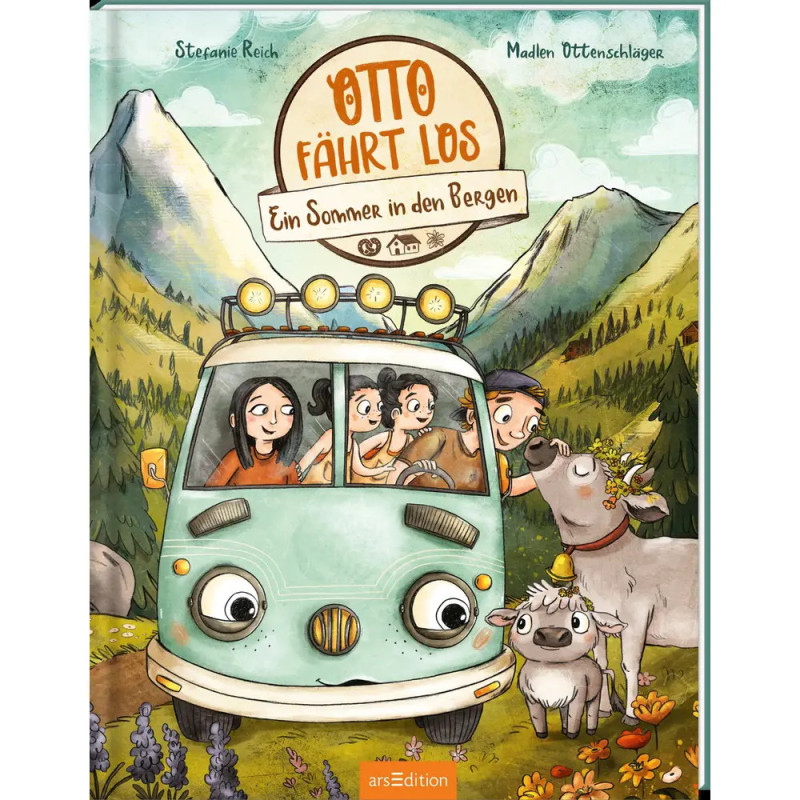 Kinder und Hund im Van, mit Kühen und Bergen im Hintergrund, auf einem Buchcover illustriert. Kinder und Hund im Van, mit Kühen und Bergen im Hintergrund, auf einem Buchcover illustriert.
