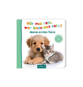 Ein Welpe und ein Kätzchen sitzen zusammen auf dem Cover eines deutschen Kinderbuchs über Tiere.