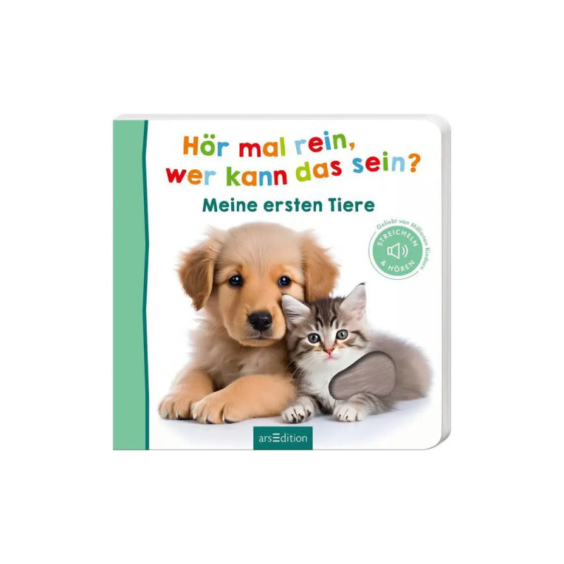 Ein Welpe und ein Kätzchen sitzen zusammen auf dem Cover eines deutschen Kinderbuchs über Tiere. Ein Welpe und ein Kätzchen sitzen zusammen auf dem Cover eines deutschen Kinderbuchs über Tiere.