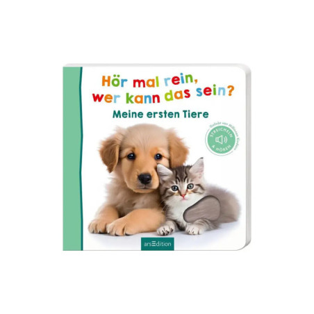 Ein Welpe und ein Kätzchen sitzen zusammen auf dem Cover eines deutschen Kinderbuchs über Tiere.