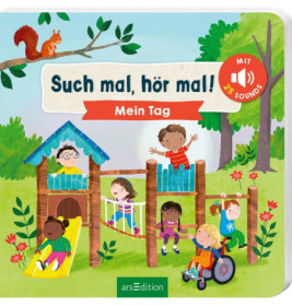 Kinder spielen auf einem Spielplatz, ein Eichhörnchen sitzt im Baum Cover eines deutschen Kinderbuchs.