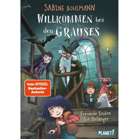 Vier Figuren, Fledermaus und Katze in gruseligem Haus, Buchtitel: Willkommen bei den Grauses.