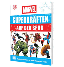 Buchcover mit Marvel-Superhelden und dem Titel Superkräften auf der Spur in blauer, weißer und roter Schrift.