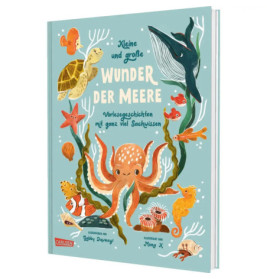 Kinderbuchcover mit Oktopus, Schildkröte, Wal und Fischen auf hellblauem Hintergrund.