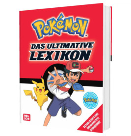 Buchcover von Pokémon Das Ultimative Lexikon mit Ash und Pikachu vor rotem und weißem Hintergrund.