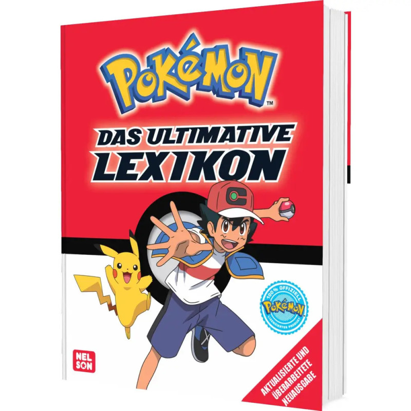 Buchcover von Pokémon Das Ultimative Lexikon mit Ash und Pikachu vor rotem und weißem Hintergrund.