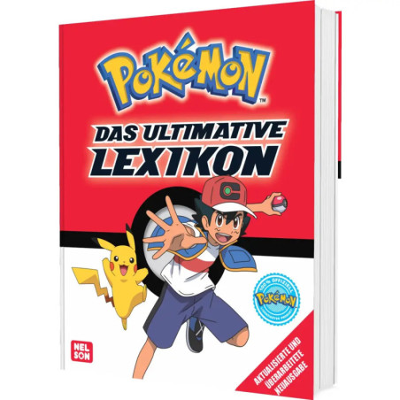 Buchcover von Pokémon Das Ultimative Lexikon mit Ash und Pikachu vor rotem und weißem Hintergrund.
