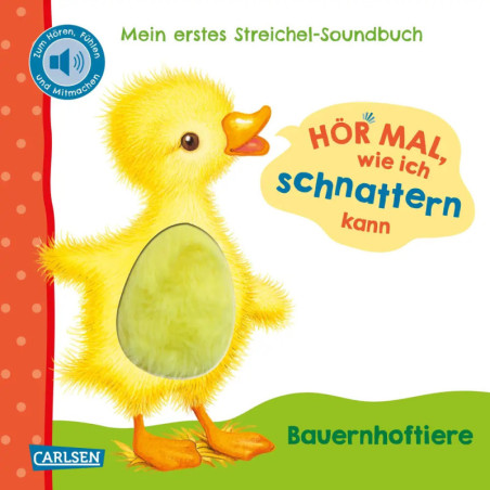 Ein gelbes Küken ziert das Cover eines deutschen Kinder-Soundbuchs über Bauernhoftiere.