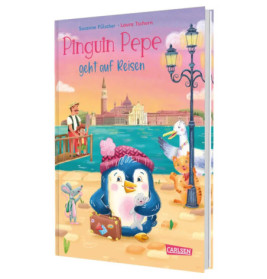 Ein Pinguin mit Koffer steht am Meer vor bunter, gezeichneter Kulisse von Venedig.