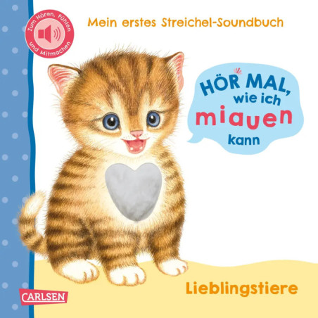 Illustration eines braun gestreiften Kätzchens mit herzförmigem Fleck auf der Brust auf einem deutschen Kinderbuchcover.