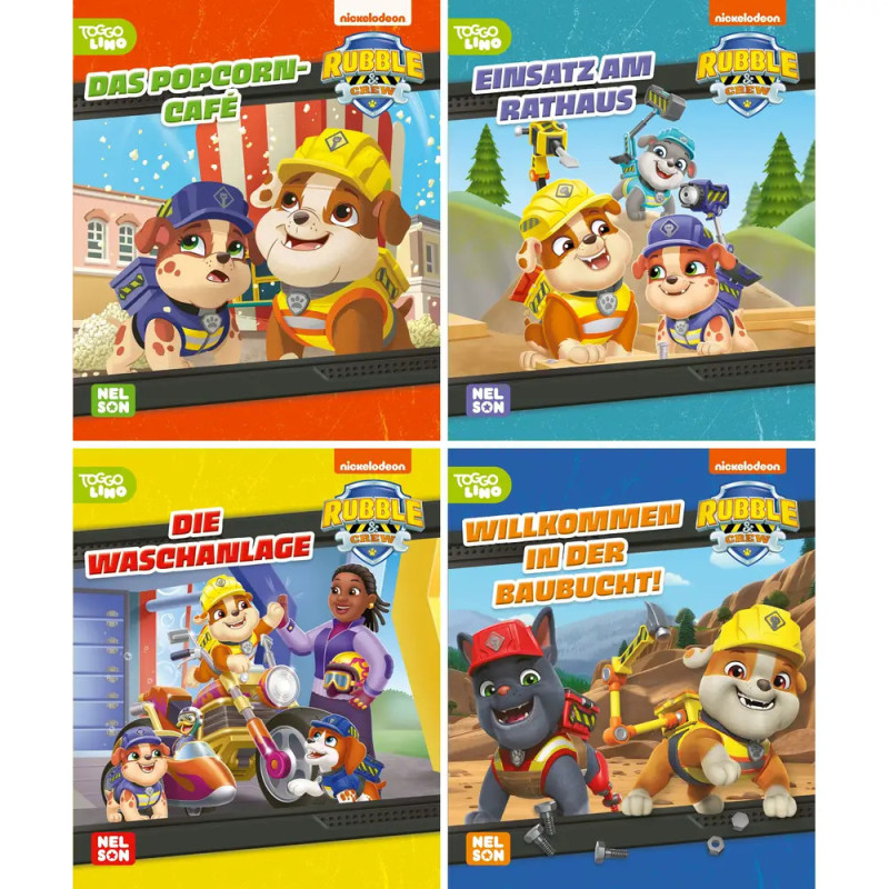Vier bunte Rubble & Crew-Bücher mit animierten Hunden in Abenteuerszenen auf dem Cover.