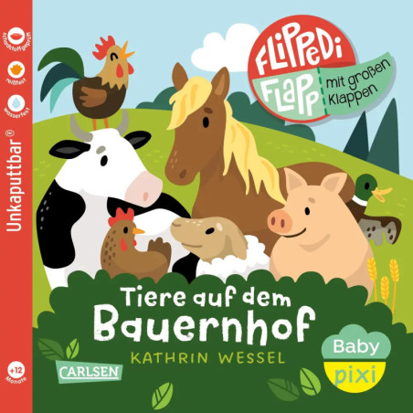 Illustration von Pferd, Kuh, Schaf, Huhn und Schwein auf einer grünen Wiese.