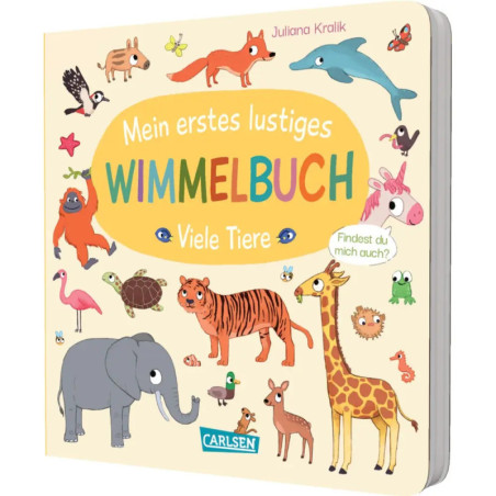 Kinderbuchcover mit Tieren und dem Titel Mein erstes lustiges Wimmelbuch - Viele Tiere.