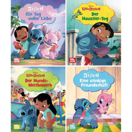 Vier bunte deutsche Lilo & Stitch-Bücher mit Covern, die Stitch, Lilo und weitere Figuren zeigen.