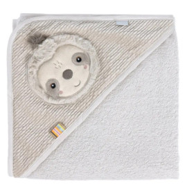 Weißes Babyhandtuch mit Kapuze und Faultier-Gesicht, dazu ein kleines buntes Etikett.