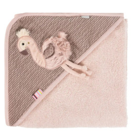 Pinkes Babytuch mit Eckkapuze, Plüsch-Flamingo und kleinem gestreiften Etikett.
