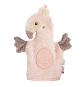 Eine rosa Flamingo-Handpuppe mit weichen Stoffflügeln, Schnabel und Pompon auf dem Kopf.