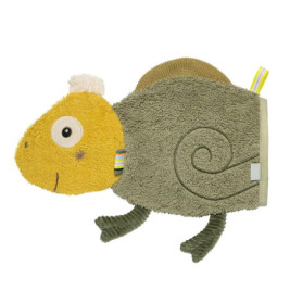 Stoff-Chamäleon mit gelbem Kopf, grünem Körper, eingerolltem Schwanz und sichtbaren Nähten.