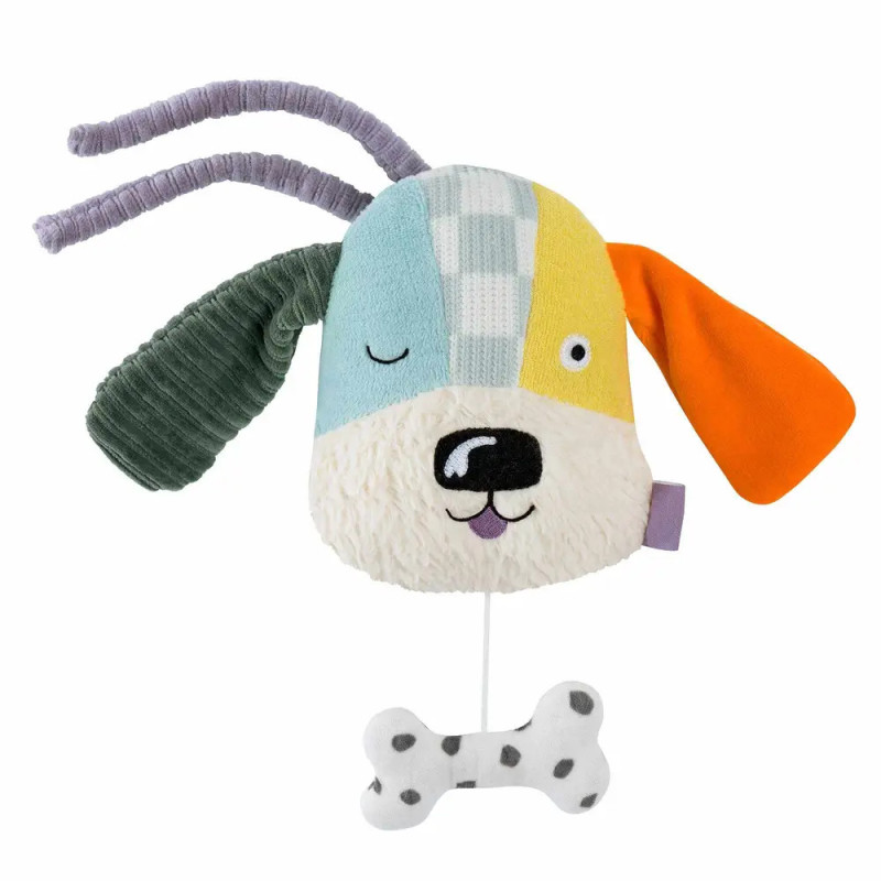 Buntes Plüsch-Hundespielzeug mit Schlappohren und gepunktetem Knochen an einer Schnur. Buntes Plüsch-Hundespielzeug mit Schlappohren und gepunktetem Knochen an einer Schnur.