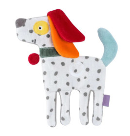 Plüschhund mit schwarzen Flecken, bunten Ohren, grünem Halsband und blauem Schwanz.