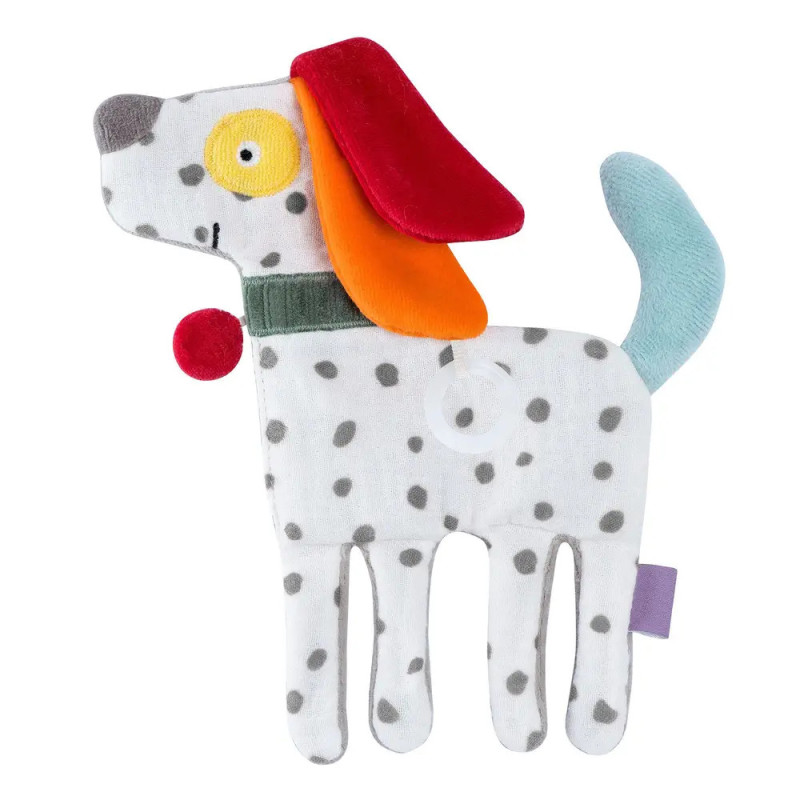 Plüschhund mit schwarzen Flecken, bunten Ohren, grünem Halsband und blauem Schwanz.