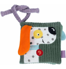 Plüsch-Babybuch mit Hundegesicht, orangefarbenem Ohr und strukturiertem, lilafarbenem Griff.