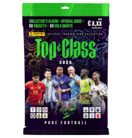 Buntes Panini Top Class 2025 Trading Card Pack mit Fußballspielern und Teamlogos auf der Vorderseite.