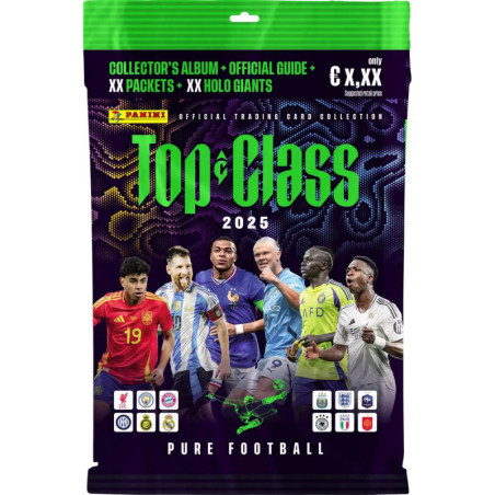 Buntes Panini Top Class 2025 Trading Card Pack mit Fußballspielern und Teamlogos auf der Vorderseite. Buntes Panini Top Class 2025 Trading Card Pack mit Fußballspielern und Teamlogos auf der Vorderseite.