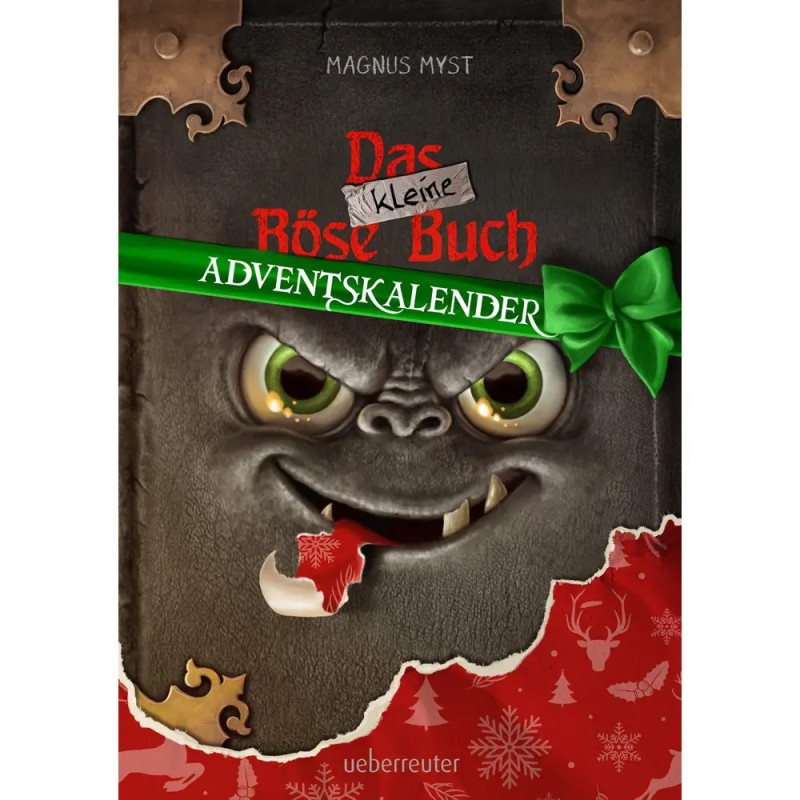 Unheimliches Buch mit bösem Gesicht, grünen Augen und grünem Band mit Aufschrift Adventskalender.