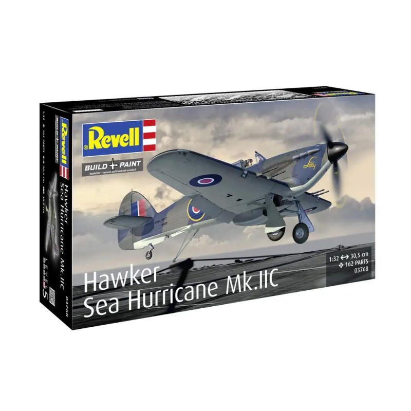 Revell-Modellbausatz Hawker Sea Hurricane Mk.IIC mit Flugzeug-Illustration auf der Verpackung.