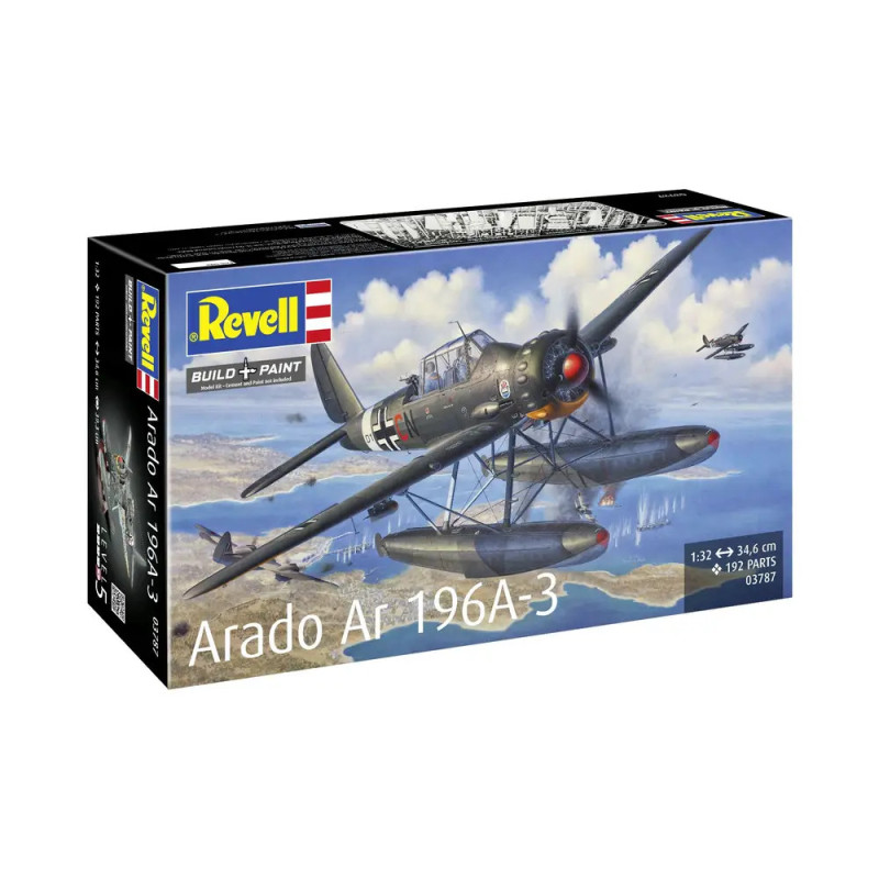 Revell Arado Ar 196A-3 Bausatz mit Illustration eines WWII-Seeflugzeugs im Flug über Wasser.