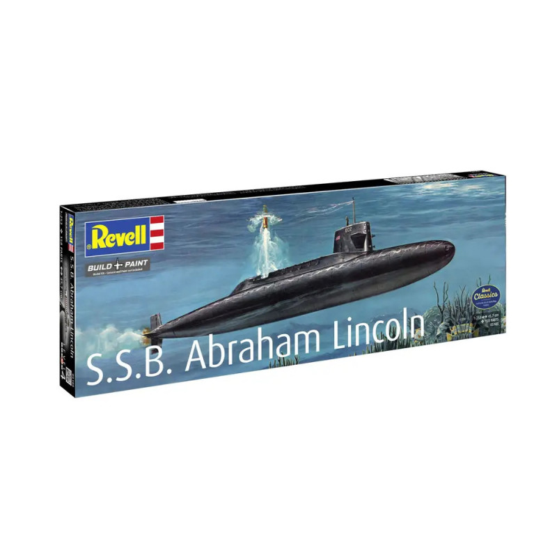 Revell-Bausatz S.S.B. Abraham Lincoln mit Unterwasser-Abbildung des U-Boots auf der Verpackung. Revell-Bausatz S.S.B. Abraham Lincoln mit Unterwasser-Abbildung des U-Boots auf der Verpackung.