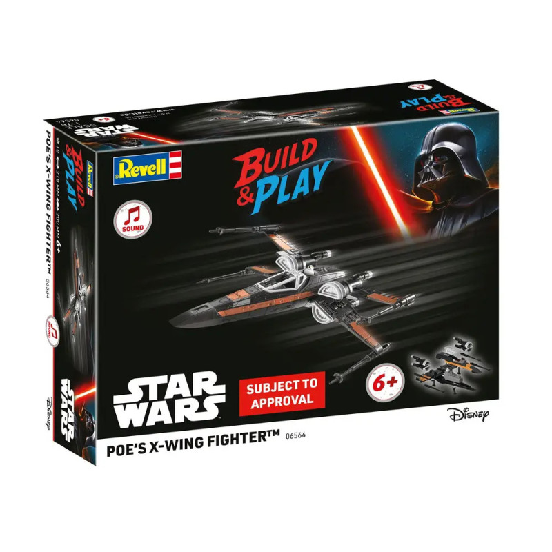 Revell Star Wars Poes X-Wing Fighter Bausatz mit Darth Vader und Build & Play-Schriftzug.